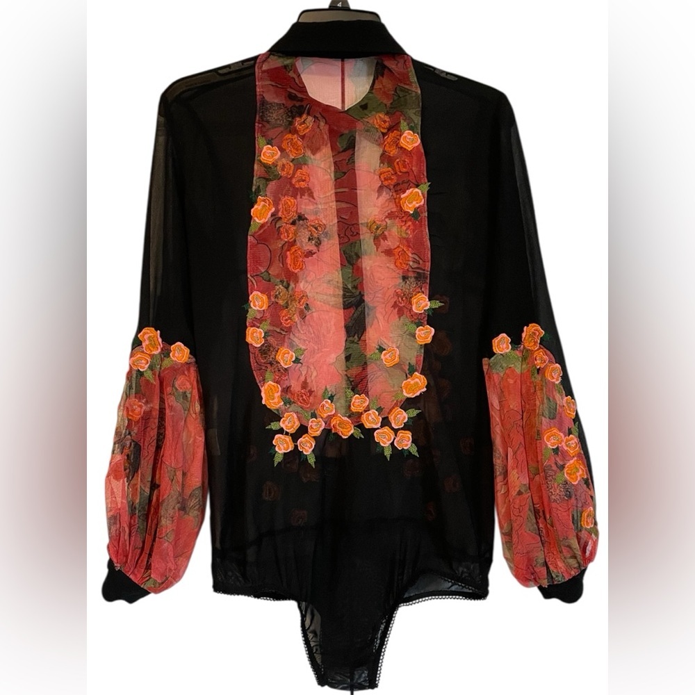 FEiNNYS Black Silk Sheer Floral Embroidered Dainty Romantic Bodysuit, Size Small - Picture 5 of 11